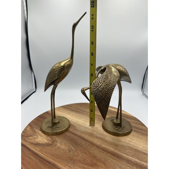 Solid Brass Crane Heron Egret Bird Figurines Pair Sculptures Textured Set of 2 - Picture 8 of 11